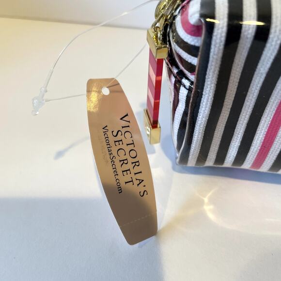 Victoria's Secret Make Up Bag Womens Black White Pink Stripe Beauty Cosmetic - Picture 2 of 8